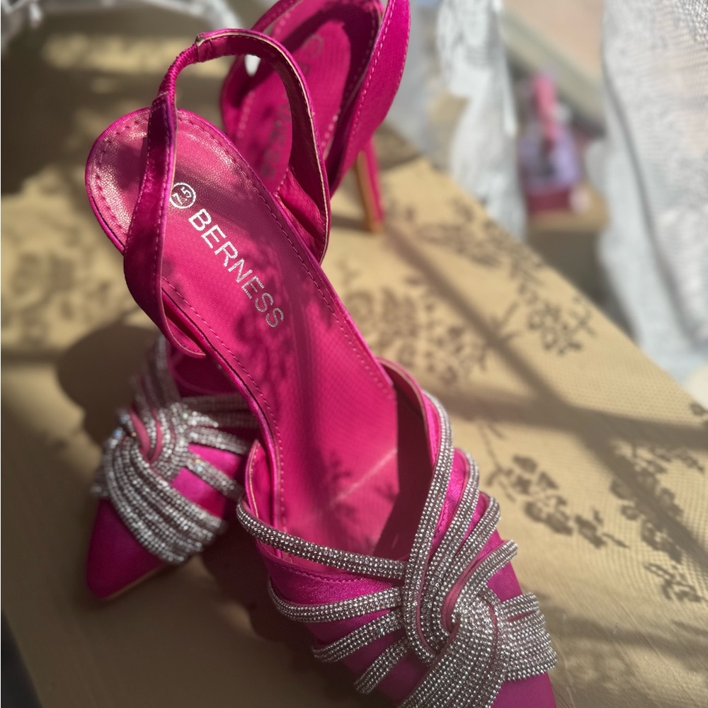 Fuchsia Pink Women's Heels with Silver Rhinestones